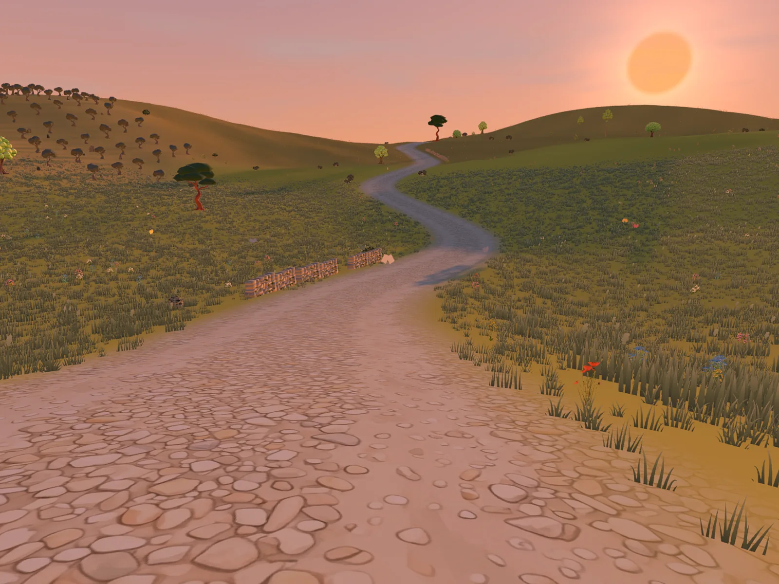 A stone road winding into green hills in the evening sun