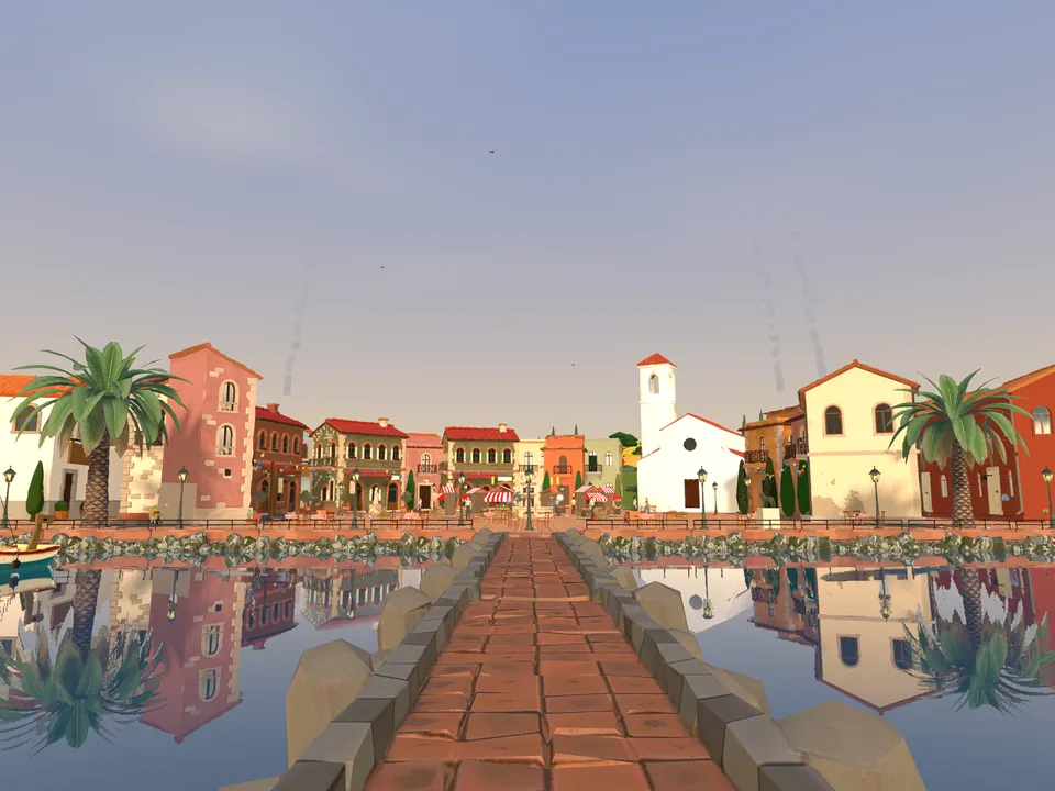 A harbour town with palms and coloured houses mirrored in the water