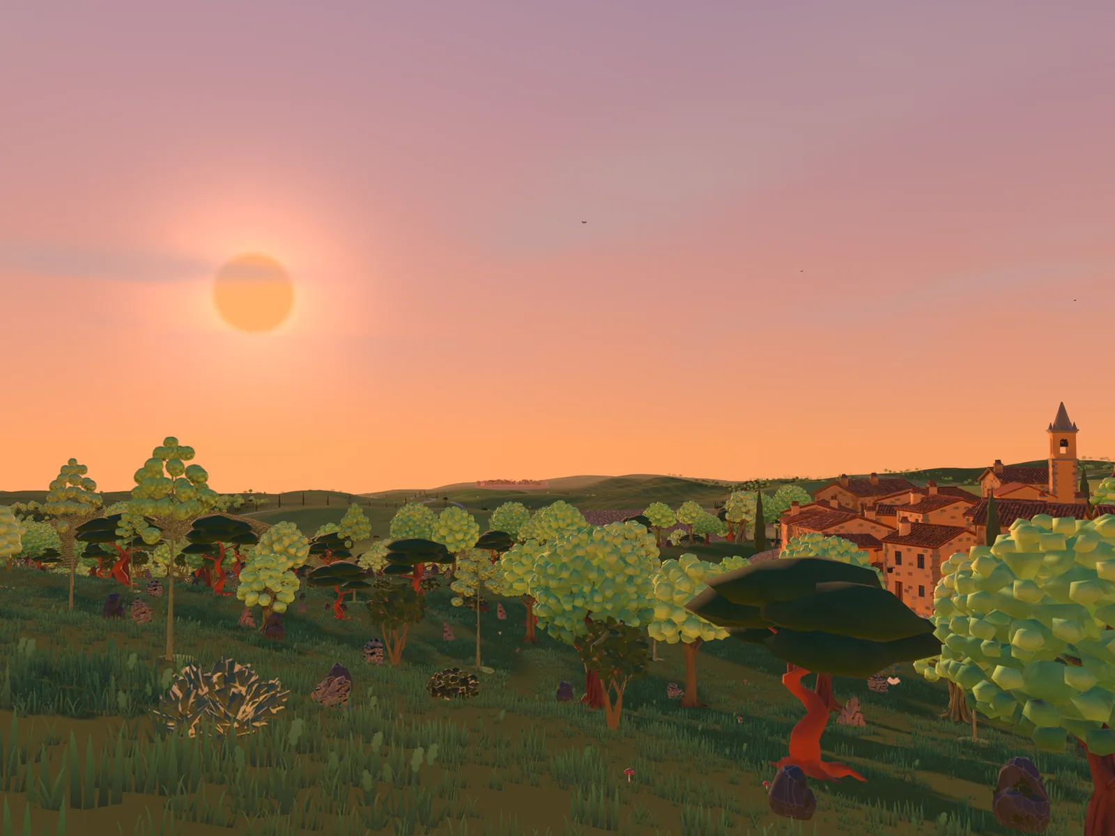 Evening over the olive groves, a hill town on the horizon