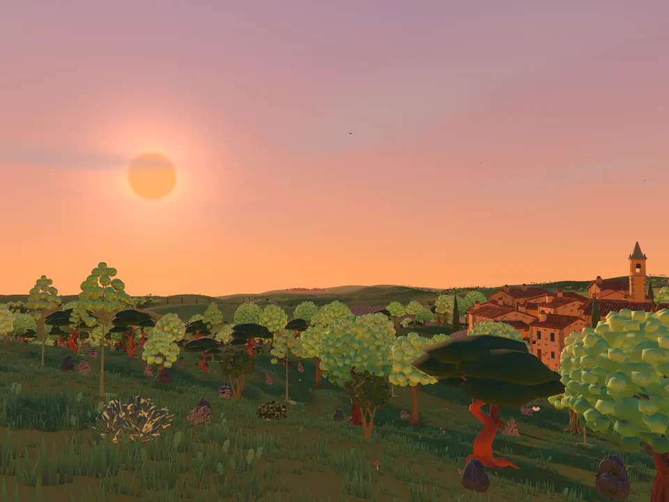 Evening over the olive groves, a hill town on the horizon