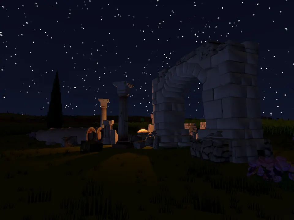 The Etruscan ruin with its stone arch under a starry sky